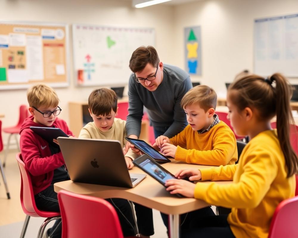 Alumnos usando tabletas y laptops
