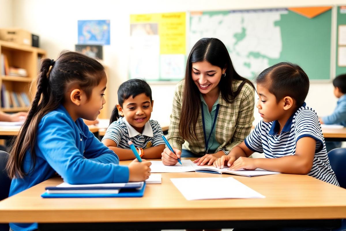 Estudiantes de primaria trabajando con su maestra
