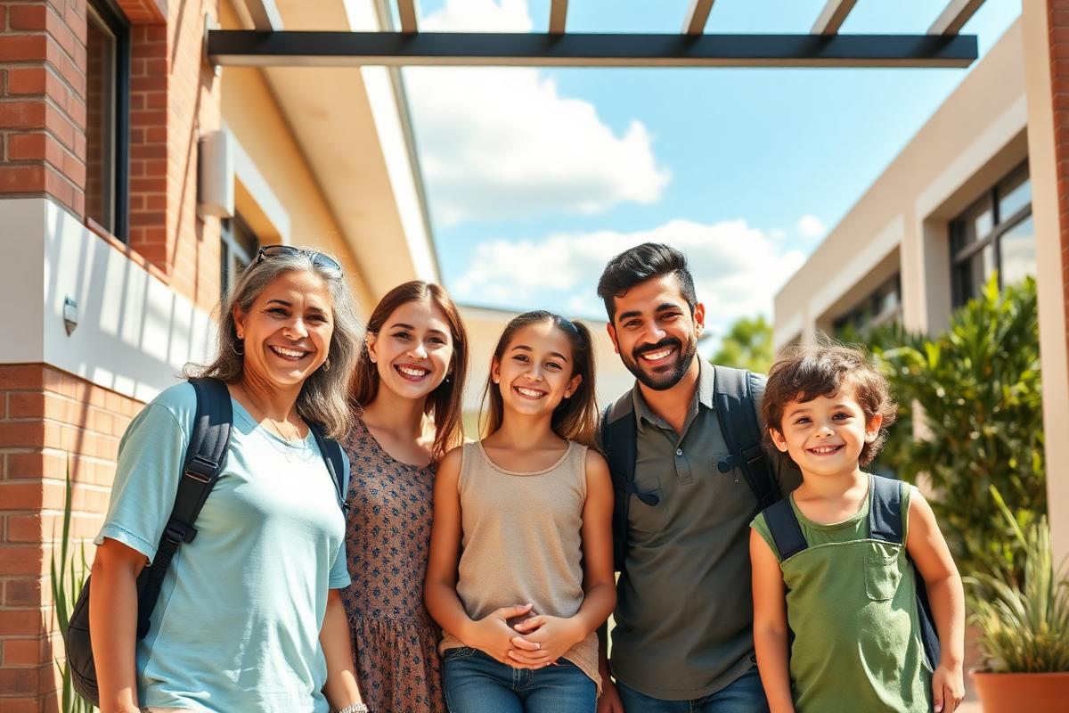 Familia y niños en la entrada del Colegio Alianza